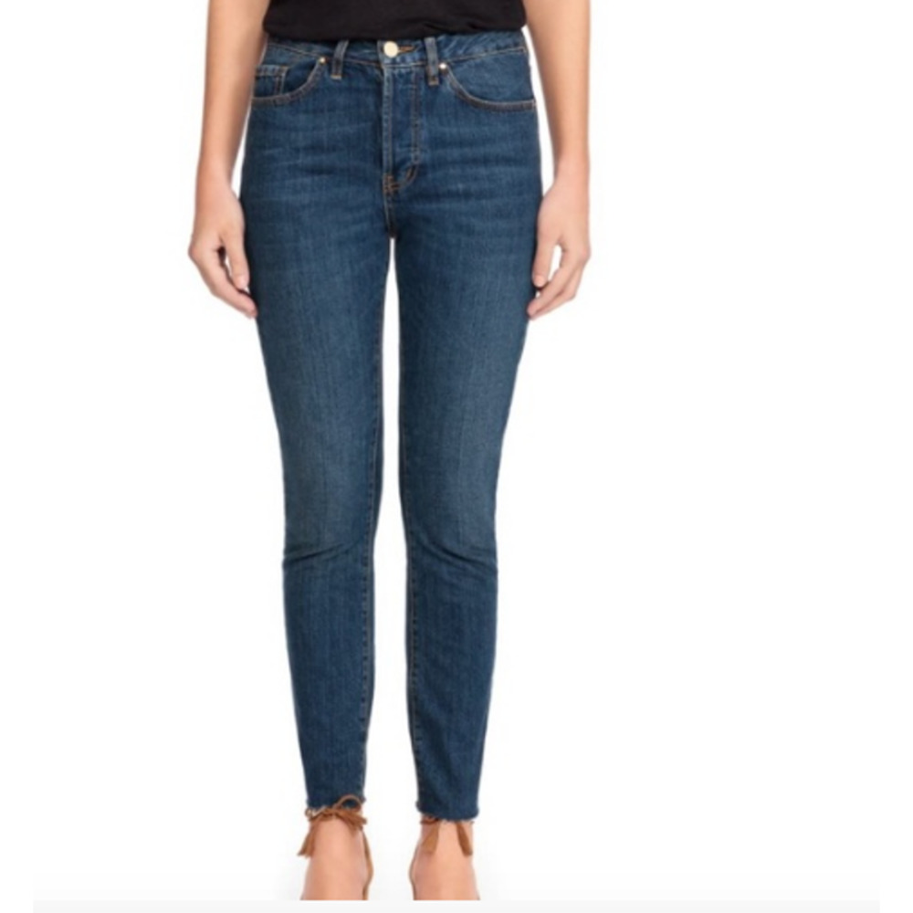 Sezane Brut Sexy High Rise Straight Leg Raw Frayed Step Hem Blue Jeans, Size 26
